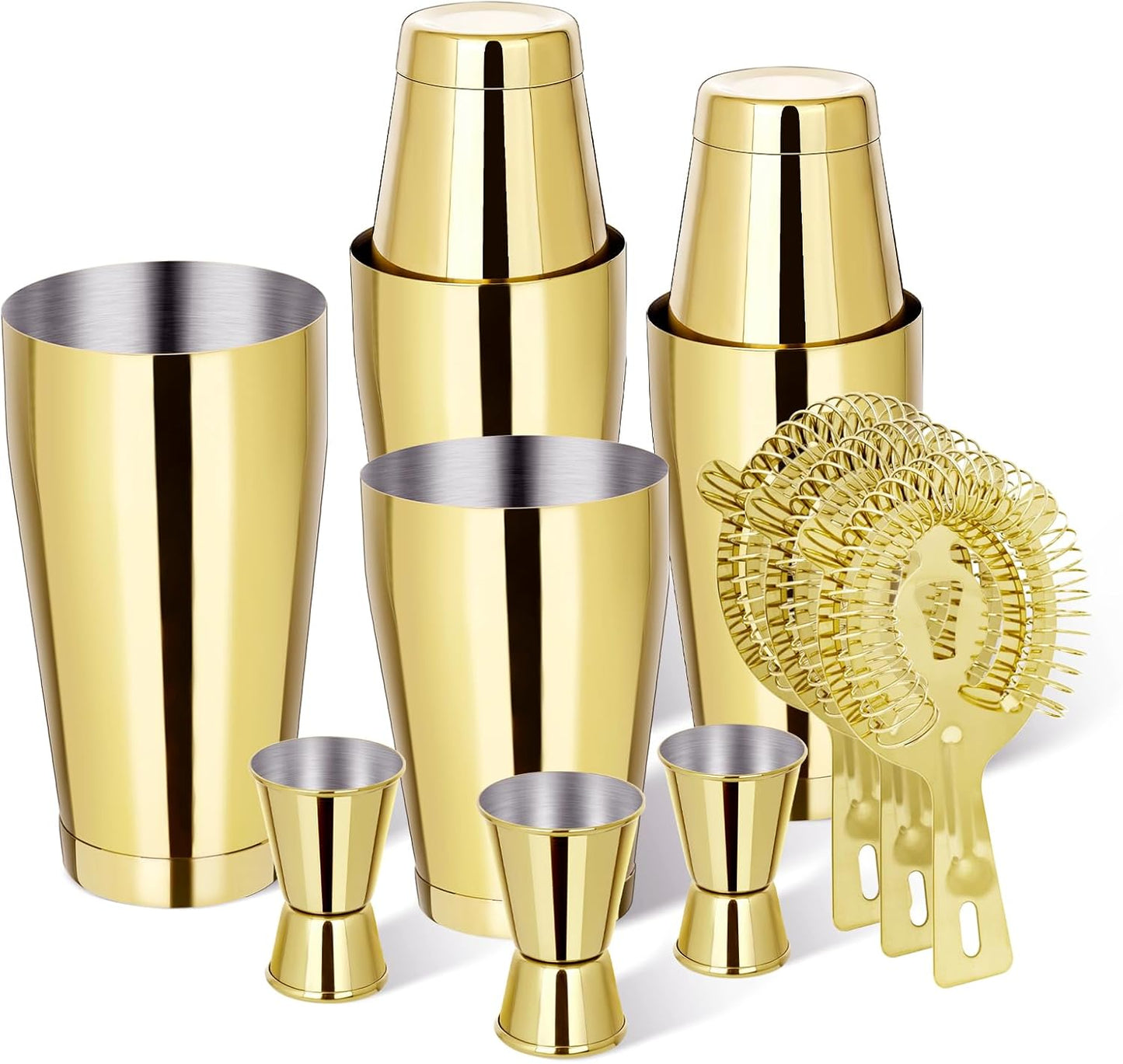 Boston Shaker Cocktail Set Bartender Kit, 12 Pcs Drink Shaker with Strainer Bartending Martini Shaker Tin with 18oz & 28oz Mixed Alcohol Shaker Professional Stainless Steel Bar Tool for Beginner(Gold)