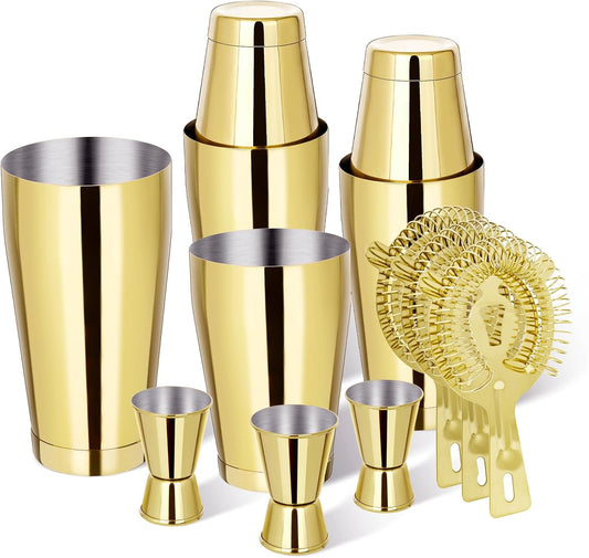 Boston Shaker Cocktail Set Bartender Kit, 12 Pcs Drink Shaker with Strainer Bartending Martini Shaker Tin with 18oz & 28oz Mixed Alcohol Shaker Professional Stainless Steel Bar Tool for Beginner(Gold)
