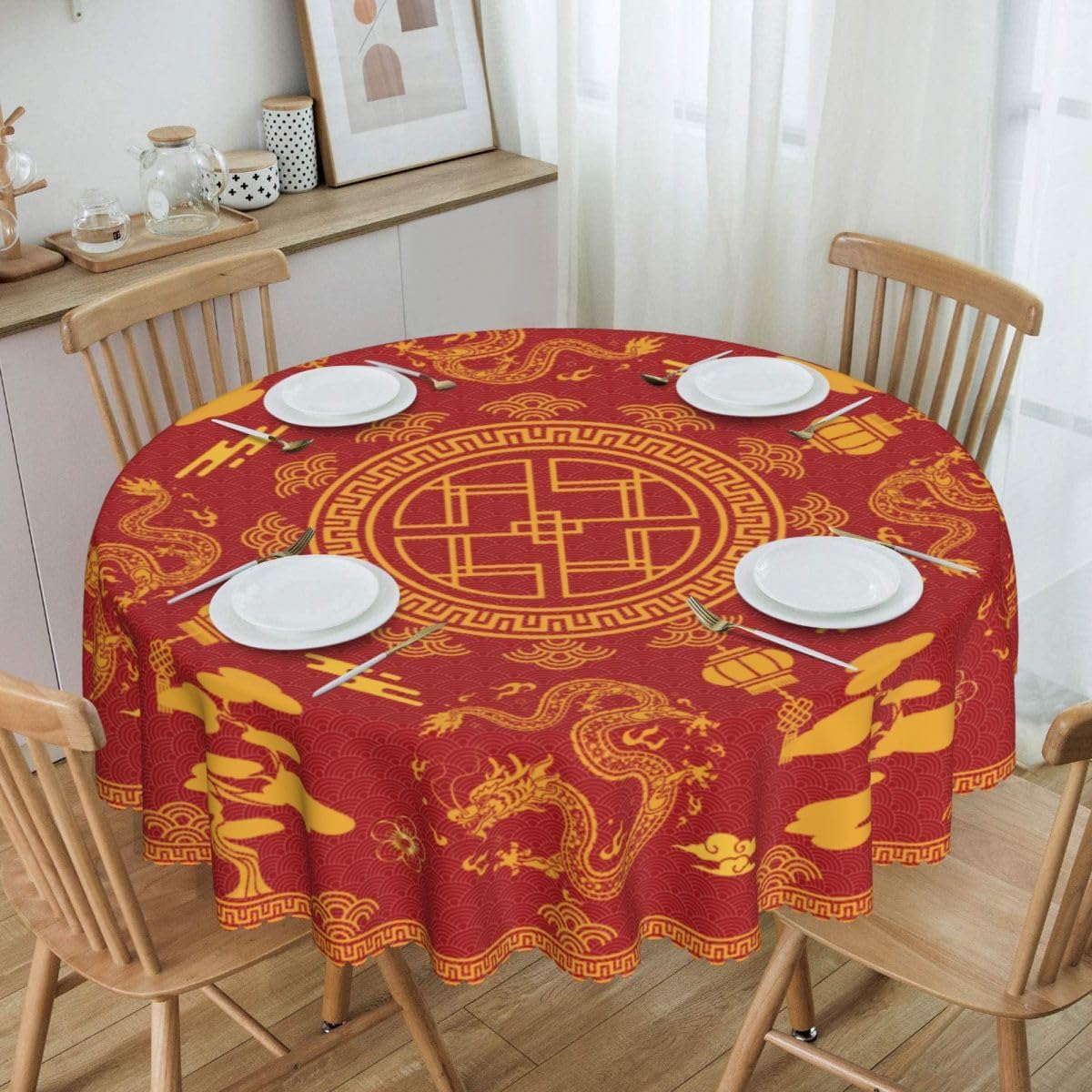 Chinese Tablecloth Round, Red Golden Traditional Zodiac Dragon Vintage Asian Style Oriental Water Resisitant Table Cover for Dining Kitchen Living Room Home Party Holiday Decor 60 inch Round