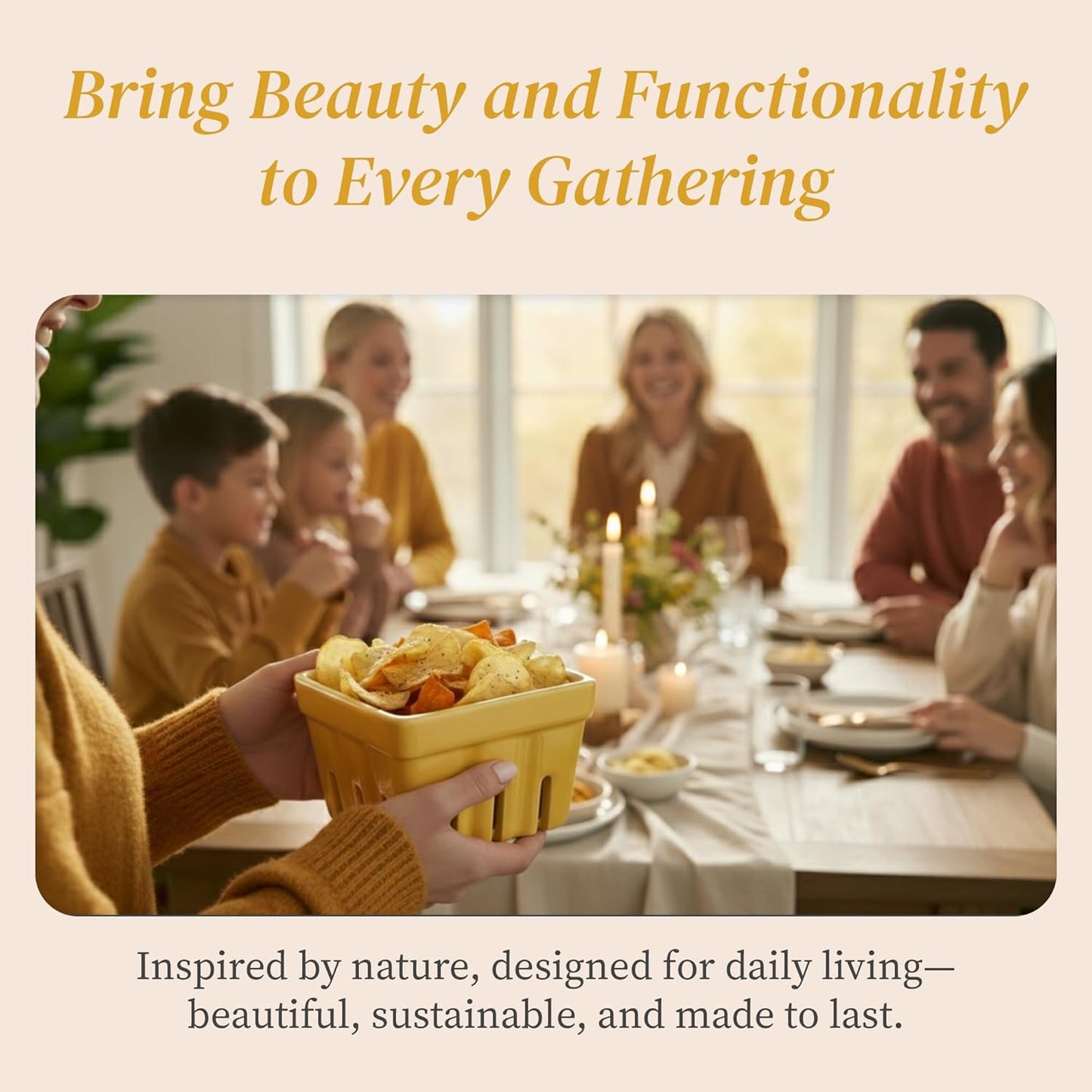 BIEN BEAU Ceramic Berry Basket, Farmhouse Colander, Farmers Market square Bowl. Rustic Kitchen decor fruit bowls, Fruit Baskets, Yellow, White and floral pattern Stoneware Harvest Bowls Set of 4