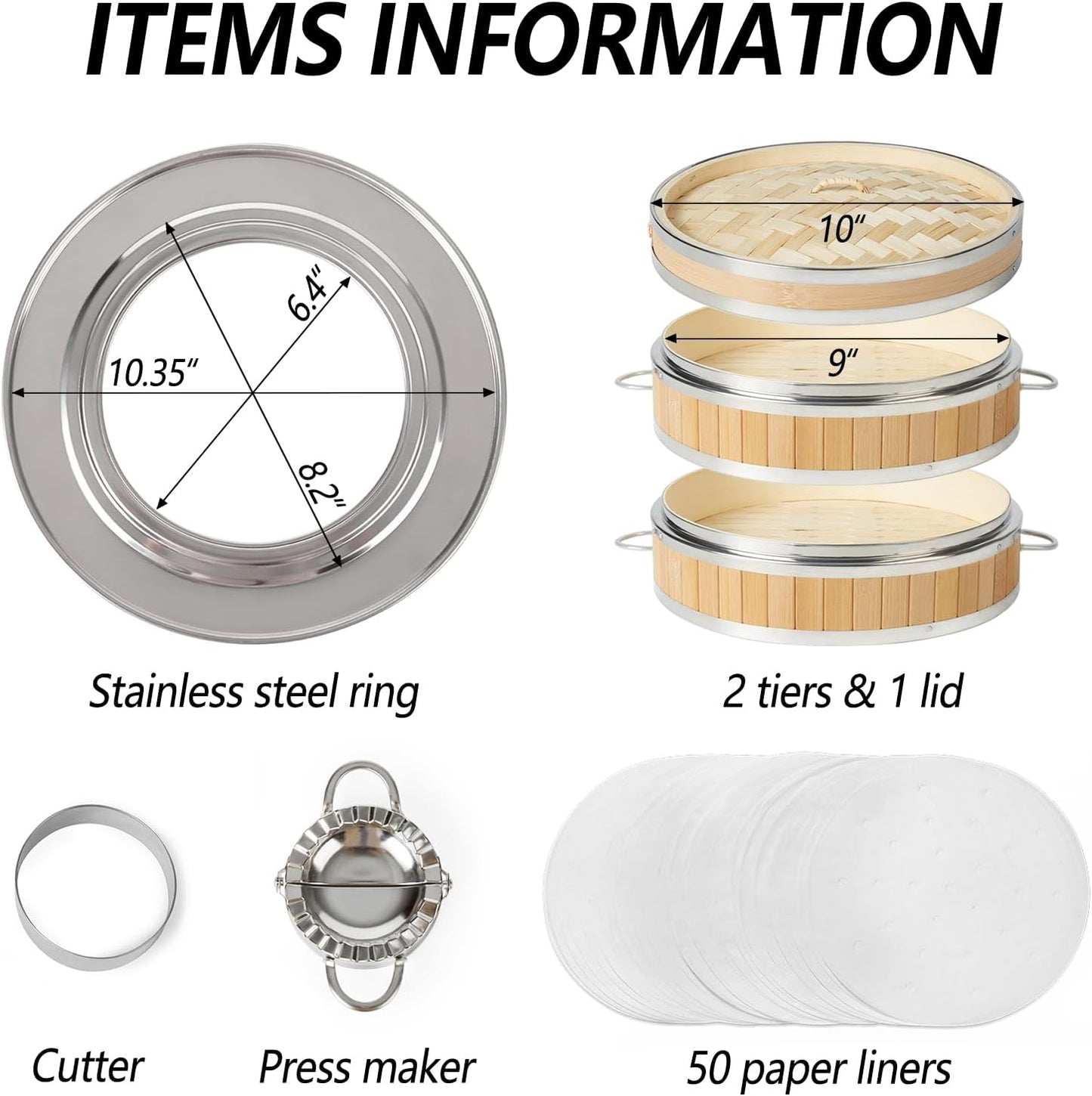 MacaRio Bamboo Steamer Basket Set 10 inch Dumpling Steamer for Cooking with Stainless Steel Reinforcement Side Handles Ring Adapter Dumpling Cutter & Press Liners for Dim Sum Dumplings Buns Seafoods Vegetables Rice