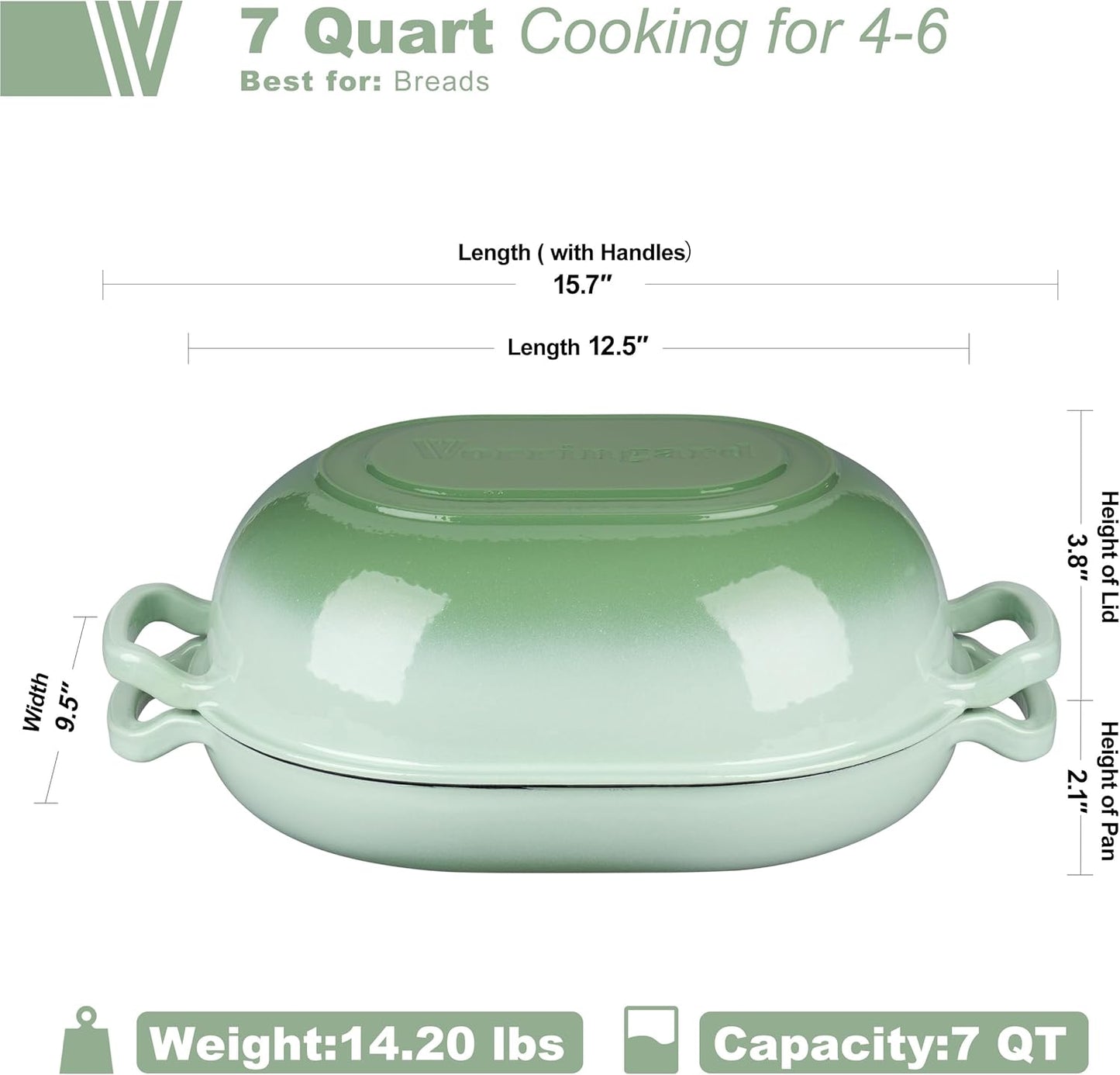 Enameled Cast Iron Sourdough Bread Oven, Dutch Oven, Loaf Cast Iron Bread Pan for Homemade Bread Baking, Meatloaf Pan with Lid, 7QT, Green