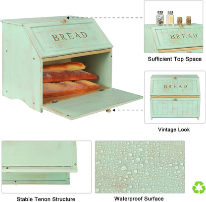 HOMEKOKO Double Layer Large Bread Box for Kitchen Counter, Retro Design Wooden Large Capacity Bread Storage Bin (Mint Green)