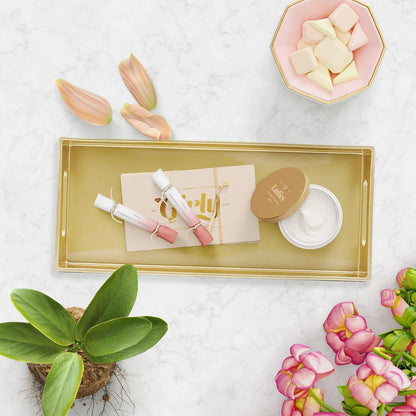 Plastic Gold Vanity Tray with Handles, Small Decorative Tray Desktop Storage Organizer for Bathroom, Living Room, 13.7"*5.9"*1.37"
