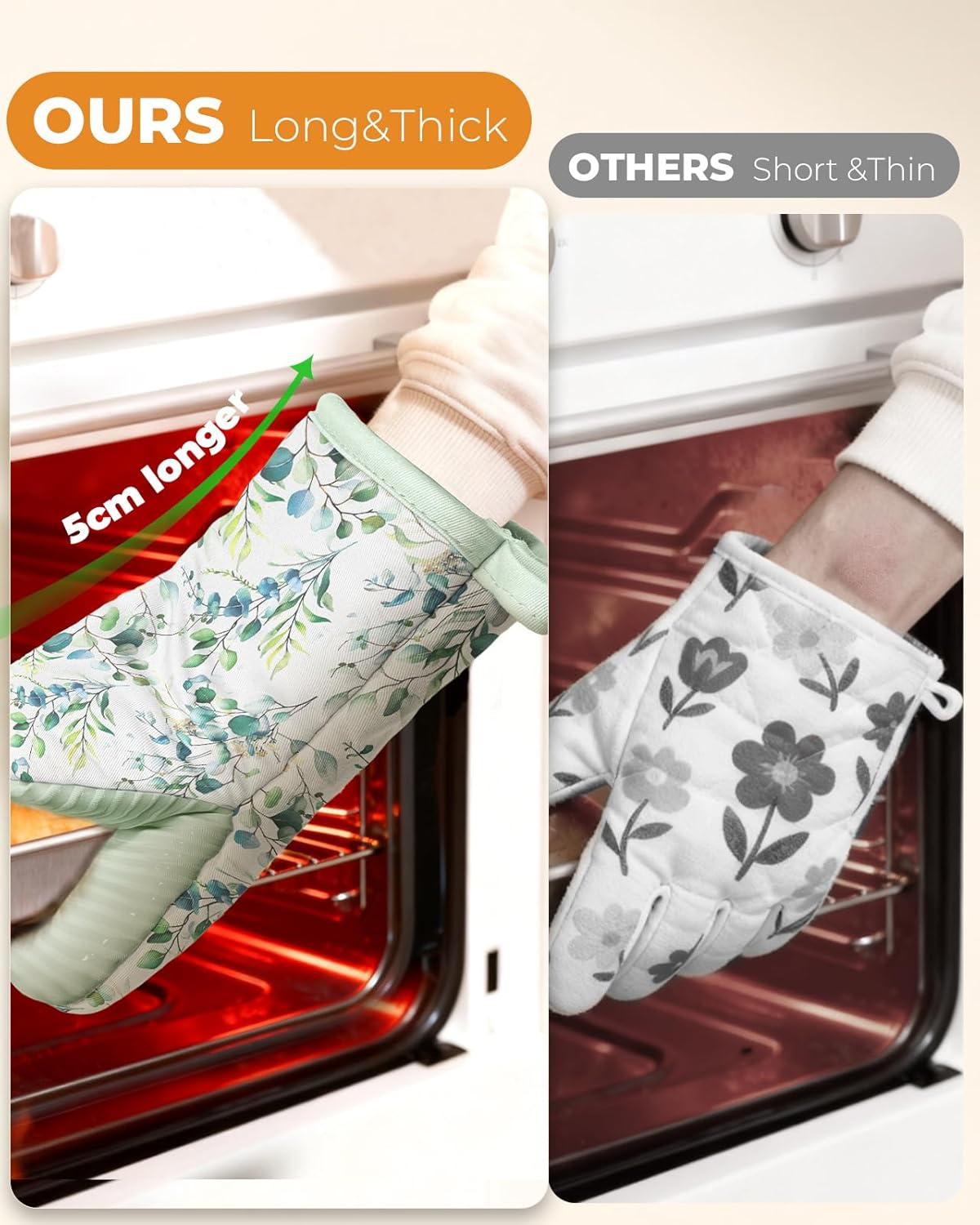 Slohif Sage Green Mini Oven Mitts Set – Flower Extended Short Heat Resistant Kitchen Gloves for Women, 100% Cotton Oven Mitts with Silicone Grips, Non-Slip and Thick Durable for Cooking & Baking