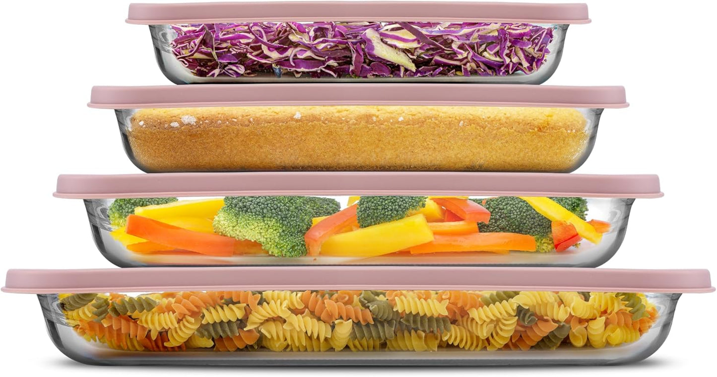 JoyJolt 8-Piece Borosilicate Glass Oven Dishes with Blushy Pink Lids, Rectangle Deep Glass Baking Dish Set, Baking Pans for Lasagna Casserole Cake, Bakeware Set, Freezer to Oven Tray to Dishwasher
