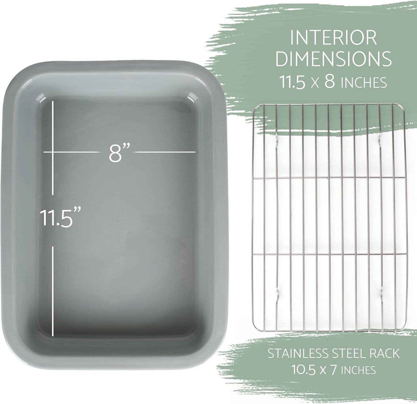 Elanze Designs Large 13 inch Stoneware Porcelain Baking Dish With Stainless Steel Rack, Grey