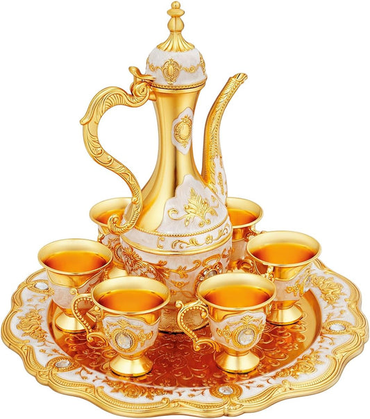 Vintage Turkish Coffee Pot Set with Tray & 6 Elegant Cups - Retro Exquisite Tea Service for Home Parties, Table Decor & Wedding Gifts (White and Gold)