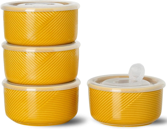 Ceramic Bowls with Lids: 20 oz Microwave Safe Food Storage Containers for Soup, Salad, Cereal, Leftovers, Meal Prep, Lunch, Picnic, Camping, Serving - Airtight, Yellow, Set of 4