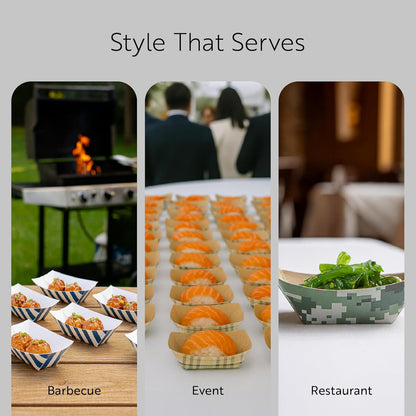 Restaurantware Bio Tek 1 Pound Food Boats 200 Disposable Paper Food Trays - Heavy-Duty Greaseproof Striped Paper Food Boats For Snacks Appetizers Or Treats Use At Parties Or Carnivals