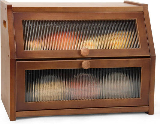 Large Bread Box for Kitchen Countertop, Wooden Bread Bin with Double Layer Storage and 0.6-inch Thick Natural Wood Panels, Rustic Bread Box Organizer for Kitchen (Retro Brown)