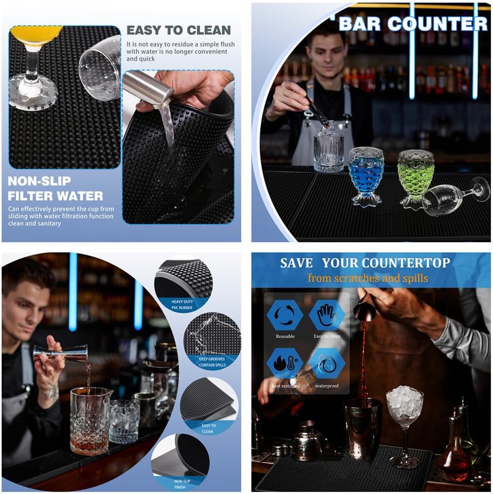 WANGCHAO Bar Mat Set of 4 Nonslip Flexible Rubber Black Bar Service Spill Mat Barber Mats Dish Drying Mat (24" x 12"+18" x 12"+23" x 3"+12" x 6")