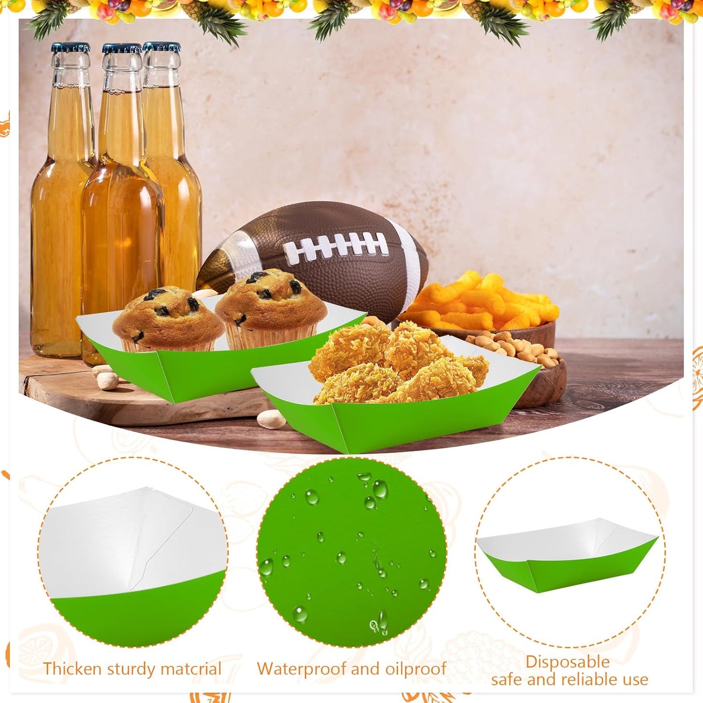 200 Pcs Paper Food Tray Sturdy Disposable Food Boats Nacho Plates Disposable Serving Snack Trays for Catering, Party Birthday Supplies, and Food Service (Green)