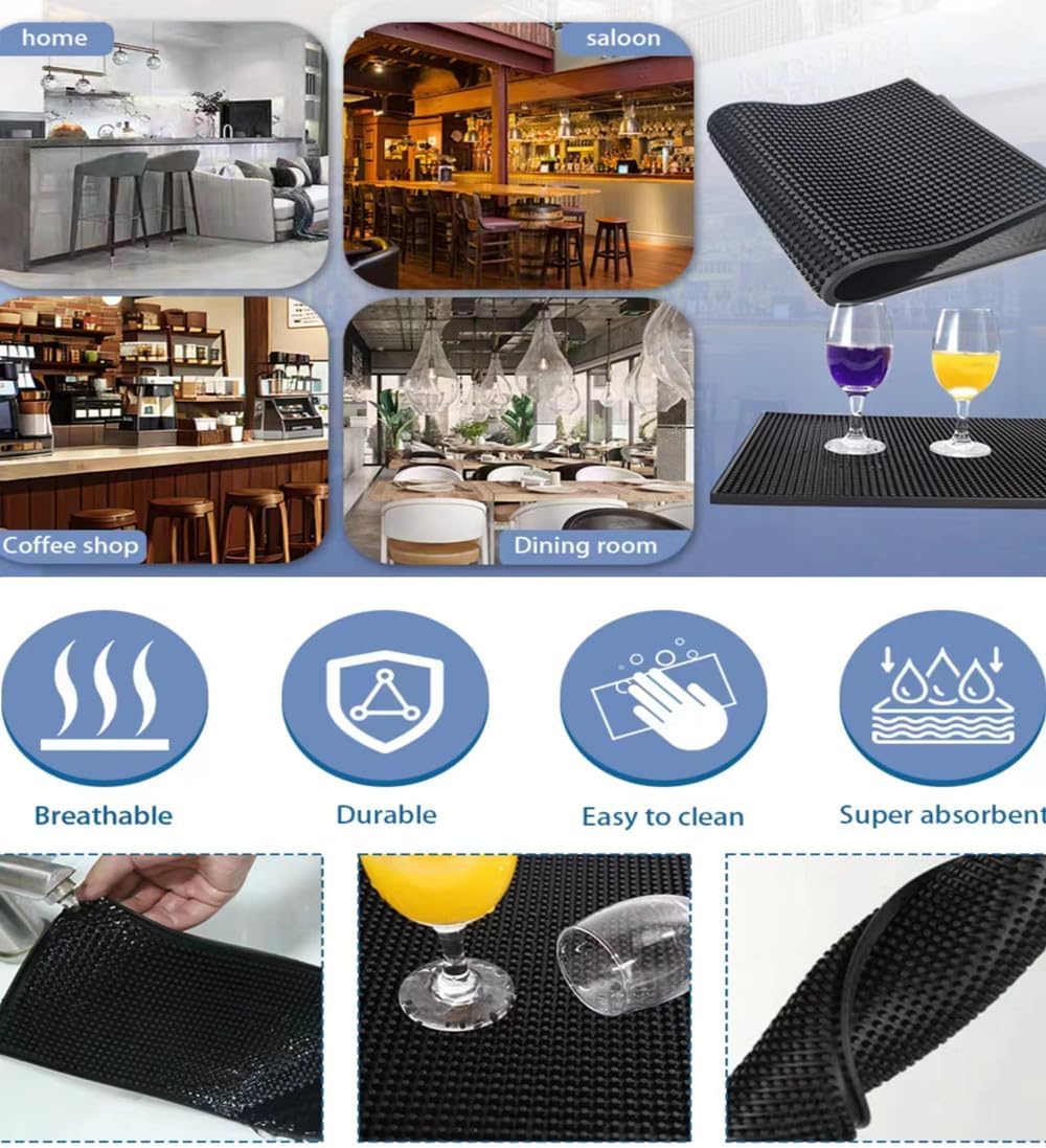 WANGCHAO Bar Mat Set of 4 Nonslip Flexible Rubber Black Bar Service Spill Mat Barber Mats Dish Drying Mat (24" x 12"+18" x 12"+23" x 3"+12" x 6")