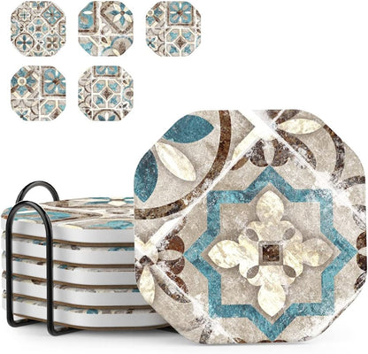 UMIRRO Drinks Coasters for Coffee Table Decor, Rustic Retro Boho Farmhouse Coasters, Absorbent Cup Mats for Wooden Table, Mandala Style, Unique Vintage Tile Design, Brown, 4", Set of 6