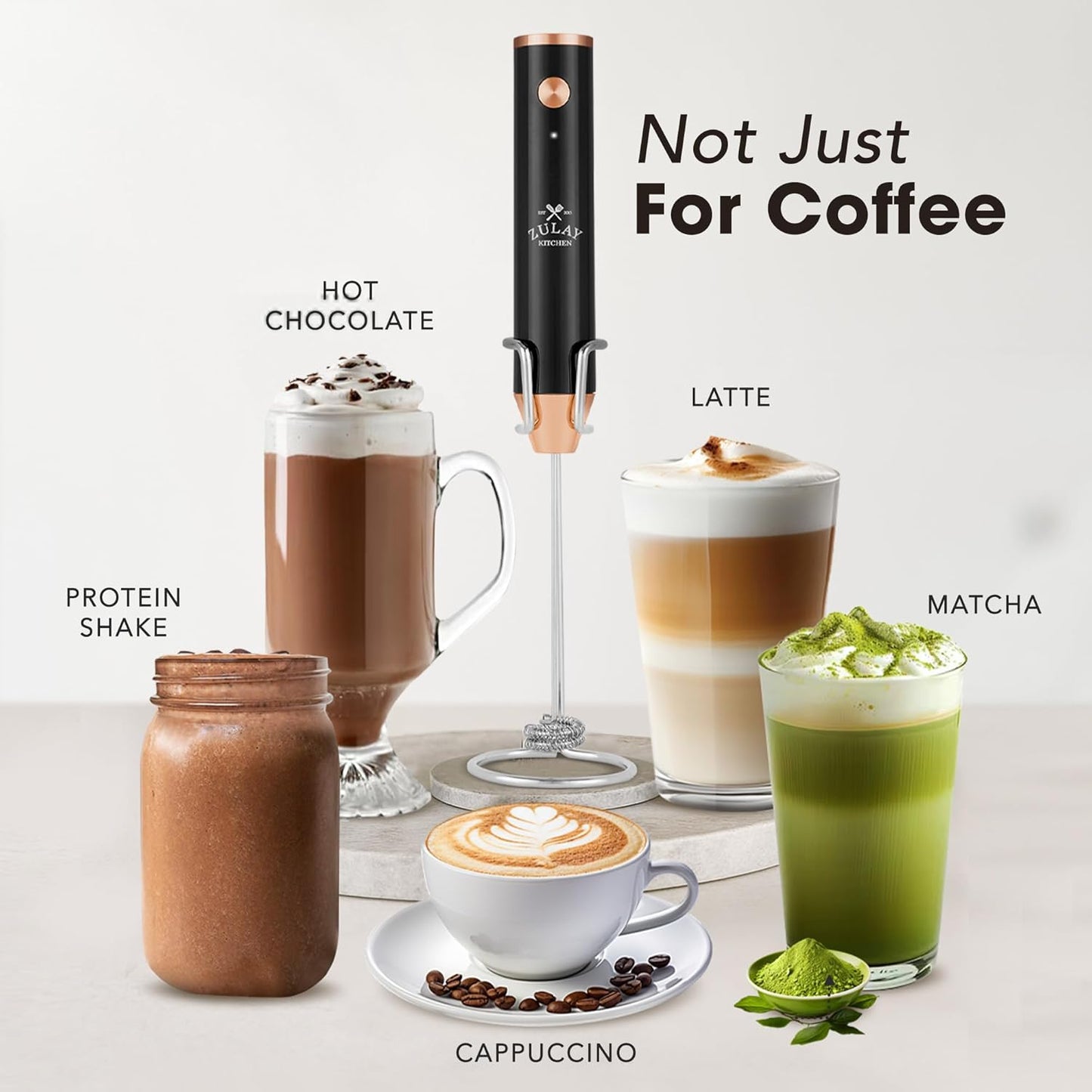 Zulay Kitchen Lux Rechargeable Milk Frother Handheld, 4 Included Whisks - Powerful 2-Speed Motor, Fully Waterproof, 2000mAh Battery - Drink Mixer For Latte, Cappuccino, Matcha, Protein Powder