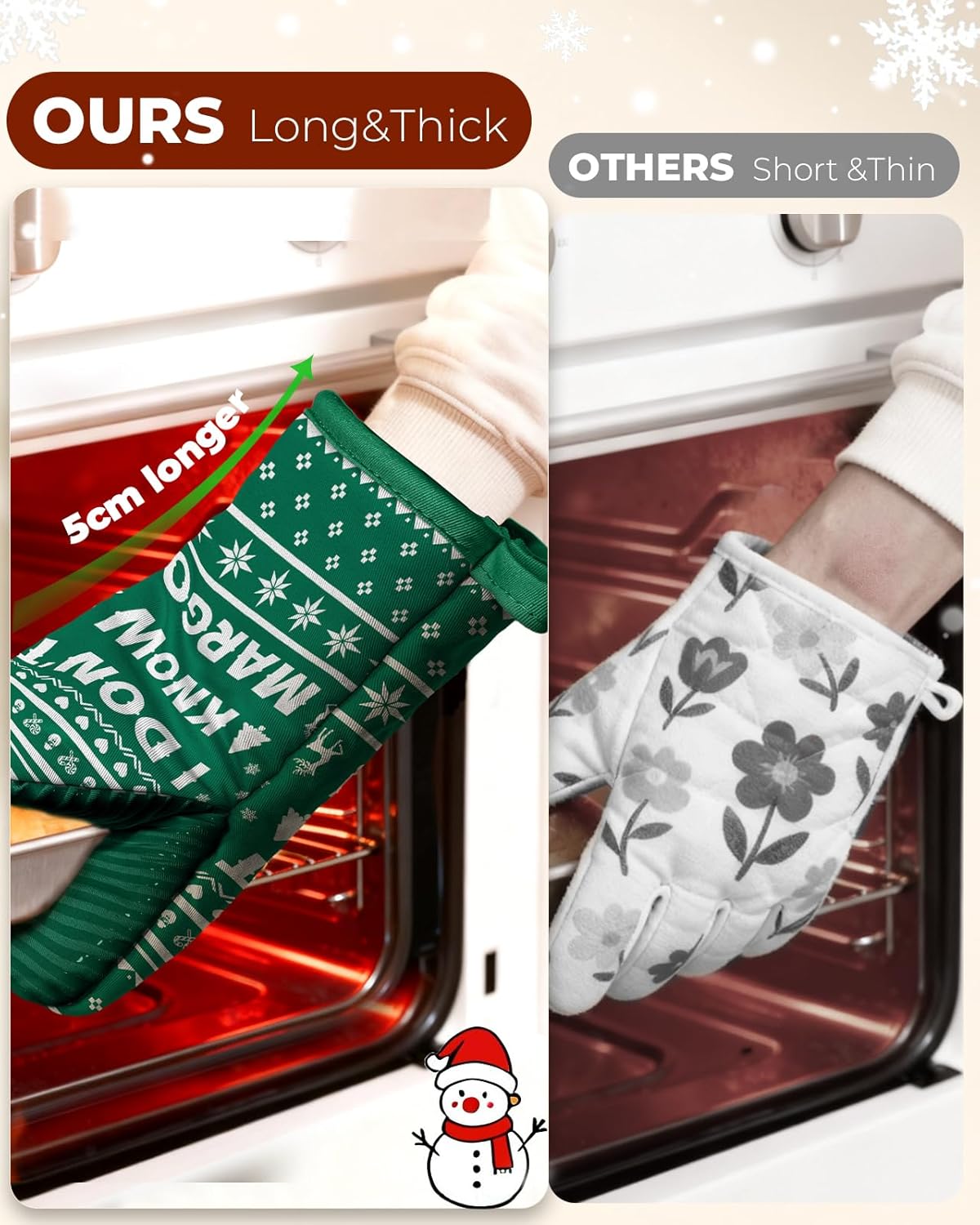 Slohif Mini Christmas Funny Oven Mitts Set – Extended Short Heat Resistant Kitchen Gloves for Women, 100% Cotton Oven Mitts with Silicone Grips, Non-Slip and Thick Durable for Cooking & Baking