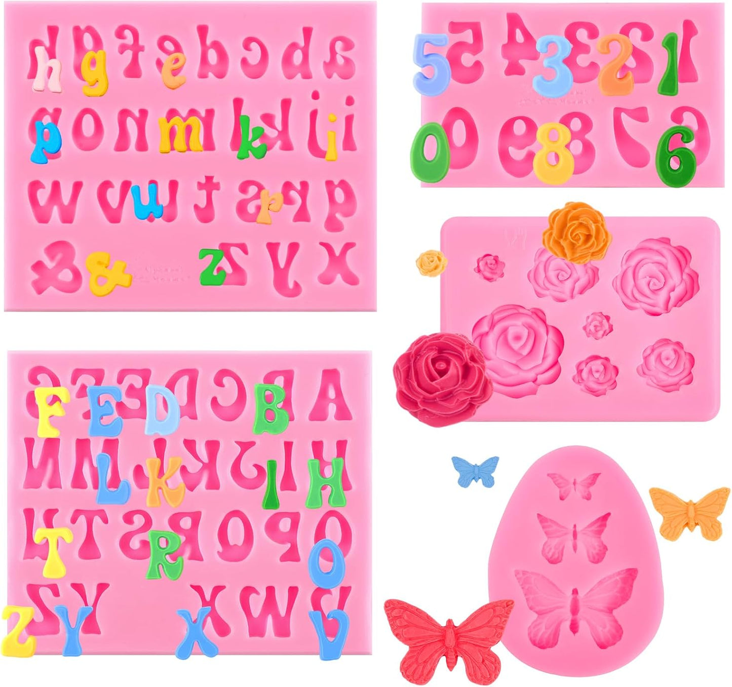 Silicone Letter Molds for Chocolate, 5 Pcs Number Alphabet Chocolate Molds Butterfly Rose Fondant Molds for Candy Treat Strawberry Cupcake Cake Decoration Clay Resin Candle Making