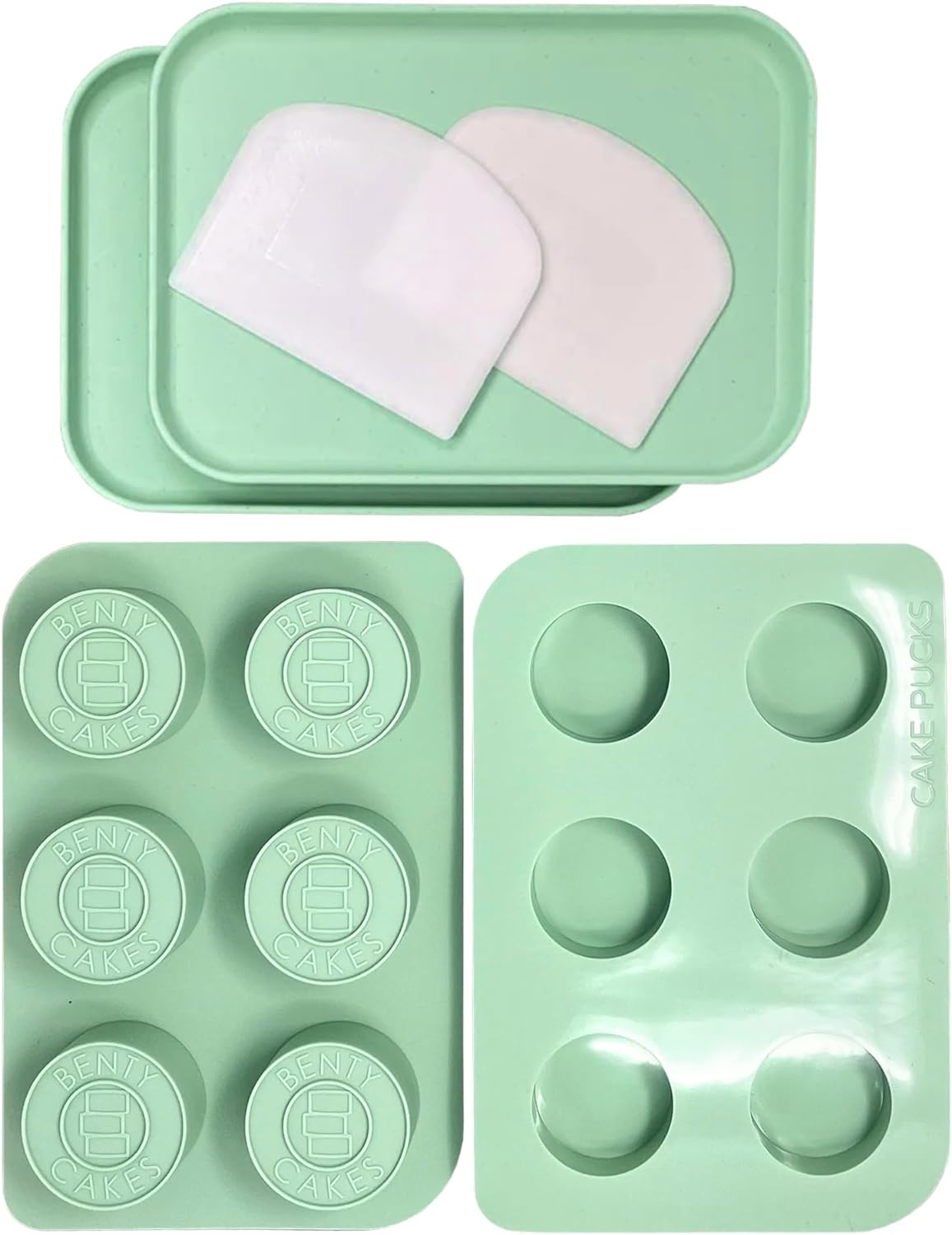 Benty Cakes – The Original CakePuck Bonus Bundle Set – Better than a Cake Pop! Make Chocolate Covered Desserts – BPA Free Silicone – Includes 1 Mold Set, 2 Trays and 2 Scrapers – Green