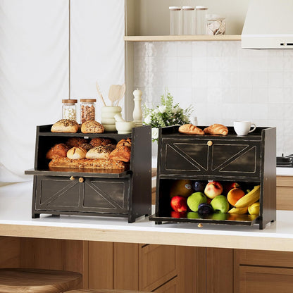 Vintage Double Layer Bread Box for Kitchen Counter Bamboo Bread Storage Container Large Capacity Bread Storage Bin (Antique Black)
