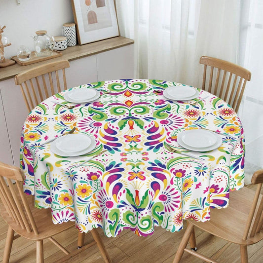 Mexican Round Tablecloth, Traditional Floral Dia De Los Muertos Azulejo Mosaic Mexico Water Resisitant Table Cover for Dining Kitchen Living Room Home Party Holiday Decor 36 inch Round