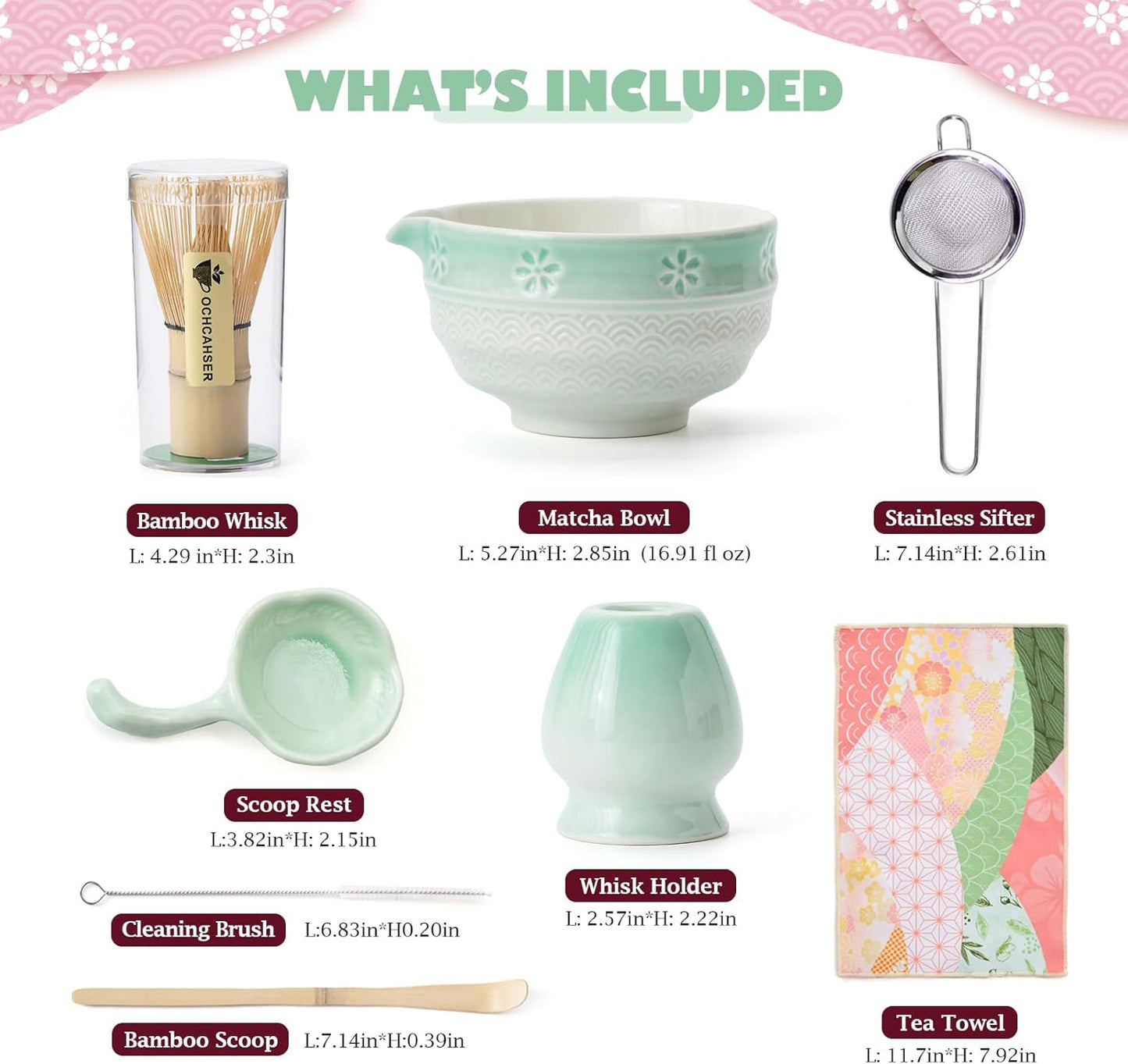 Matcha Tea Set, 8 Pcs Japanese Matcha Kit with Cherry Blossom and Wave Design Ceramic Bowl, Bamboo Whisk, Whisk Holder, Scoop, Sifter, Brush, Matcha Kit Set for Matcha Lovers (Green Gradient)