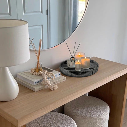 Travertine Tray, Small Ceramic Vanity Tray for Bathroom Counter Decor, Round Marble Decorative Trays for Coffee Table (Grey Black, Medium Size)