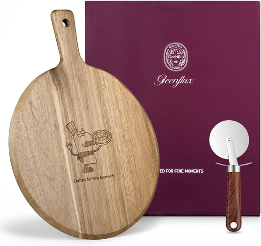 Acacia Wood Charcuterie & Pizza Board Set with Pizza Cutter – Premium Multi-Purpose Pizza Serving Board for Cheese, Bread, Fries, Appetizers – Rustic Cutting Board for Entertaining & Gift Giving