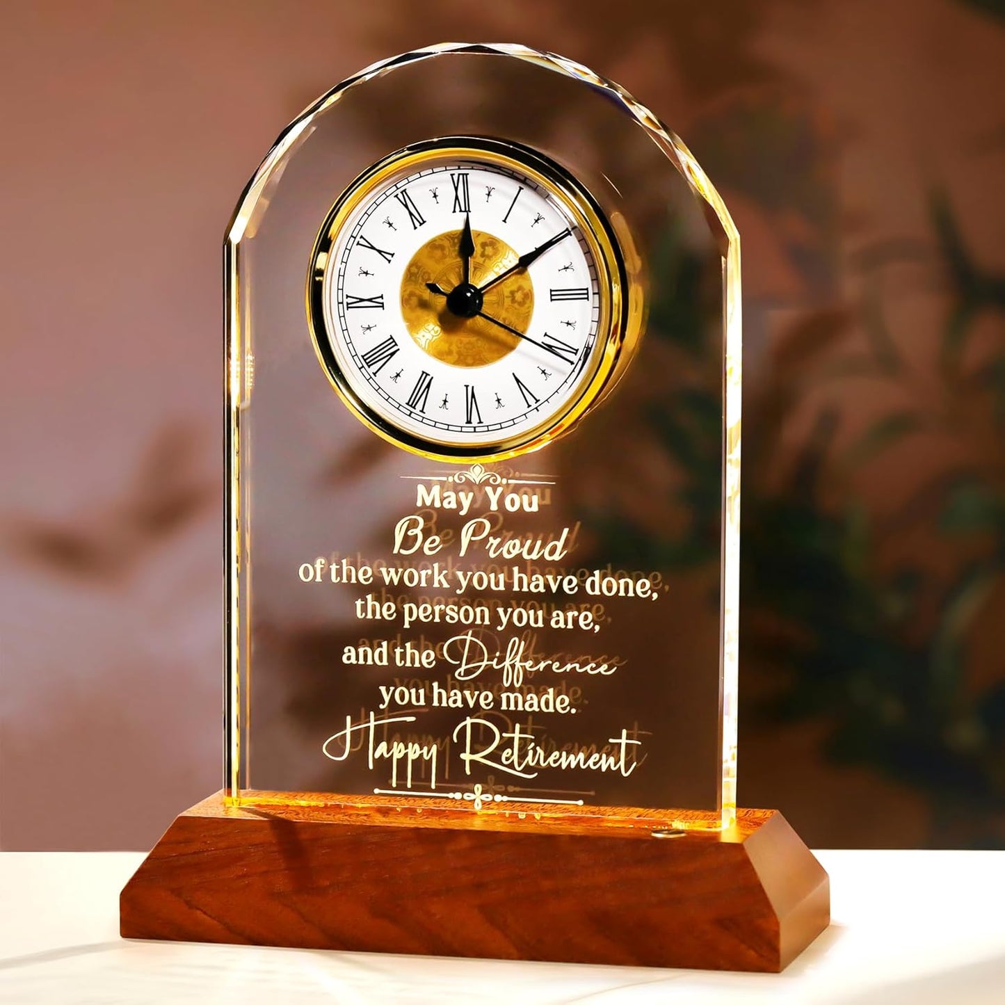 Retirement Clock Gifts for Women Men, Happy Retirement Gifts for Boss Coworkers, Going Away Gift for Retired Friends Leaving Presents for Leader Teacher, K9 Crystal Clock with Light Wooden Base