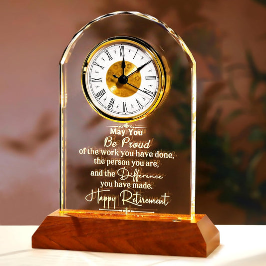 Retirement Clock Gifts for Women Men, Happy Retirement Gifts for Boss Coworkers, Going Away Gift for Retired Friends Leaving Presents for Leader Teacher, K9 Crystal Clock with Light Wooden Base