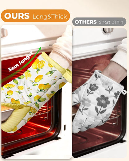 Slohif Lemon Mini Oven Mitts Set – Yellow Extended Short Heat Resistant Kitchen Gloves for Women, 100% Cotton Oven Mitts with Silicone Grips, Non-Slip and Thick Durable for Cooking & Baking