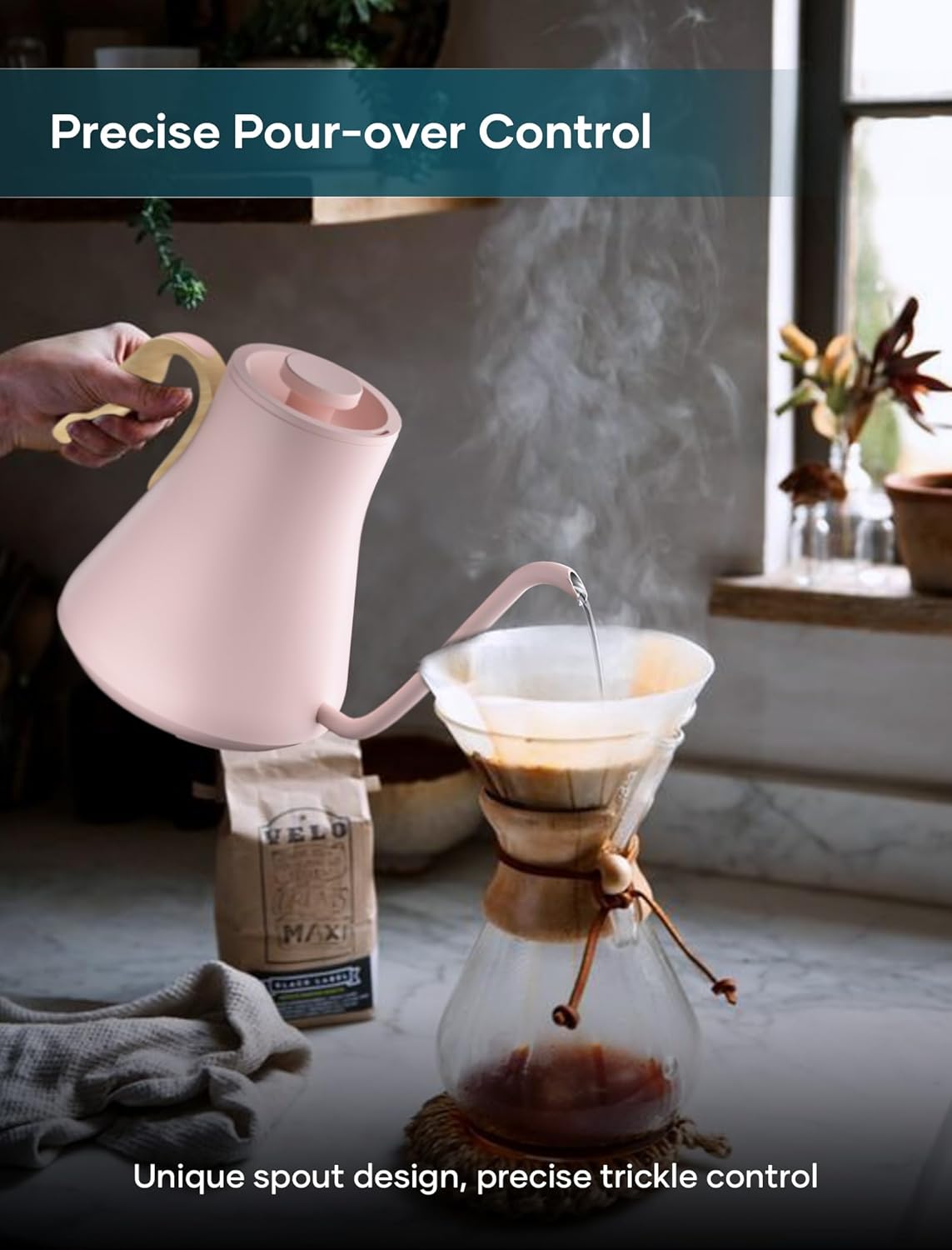 Gooseneck Electric Kettle with ±1℉ Temperature Control for Pour Over Coffee & Tea, Quick Heating, BPA-Free Stainless Steel, Built-in Brew Timer, 1500W/0.9L (Petal Pink)