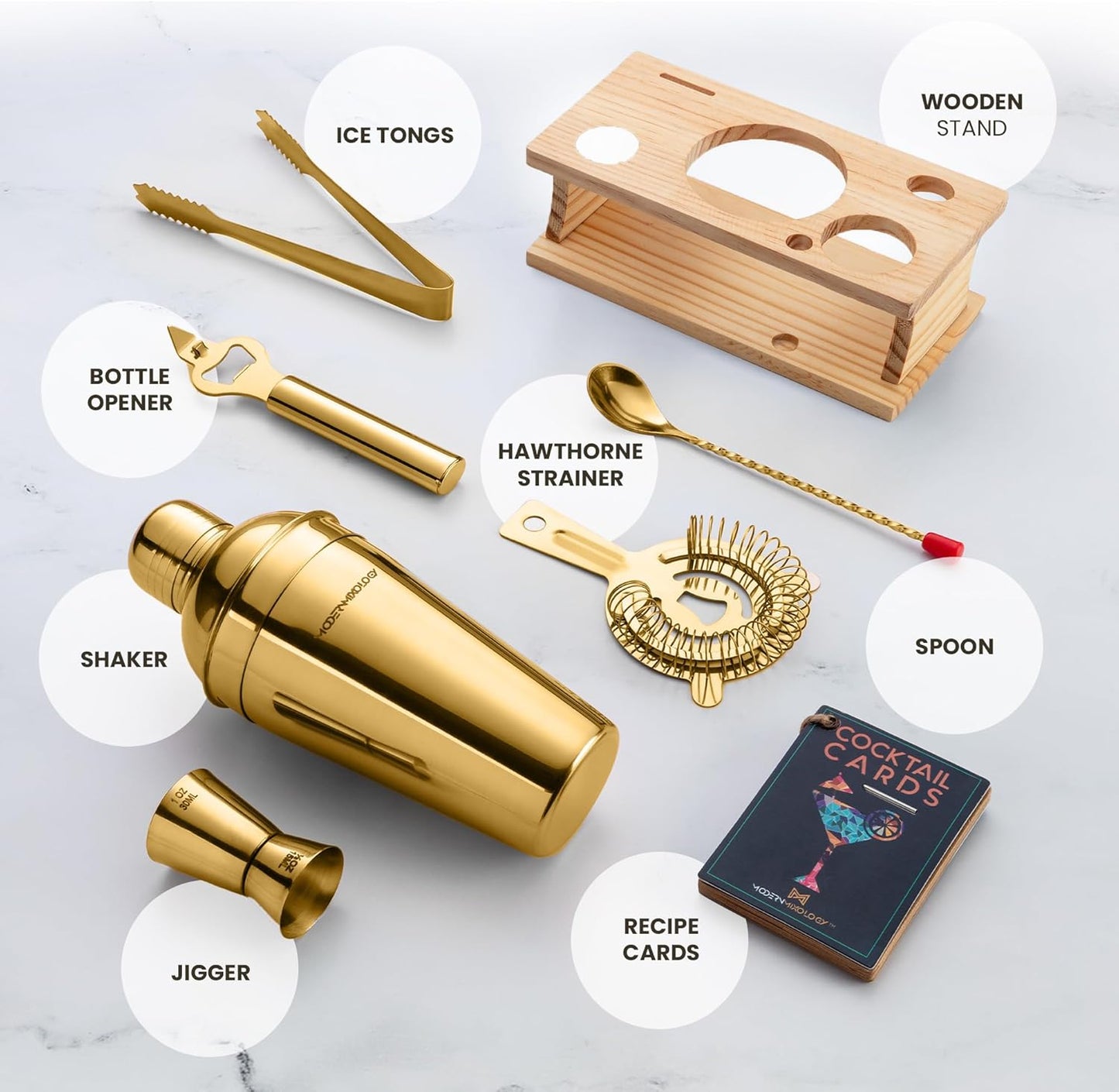 Modern Mixology Cocktail Shaker Set - 8 Piece Bartender Kit with Martini Shaker and Popular Bar Accessories on Quality Pine Stand - Leak Proof Design (Gold)