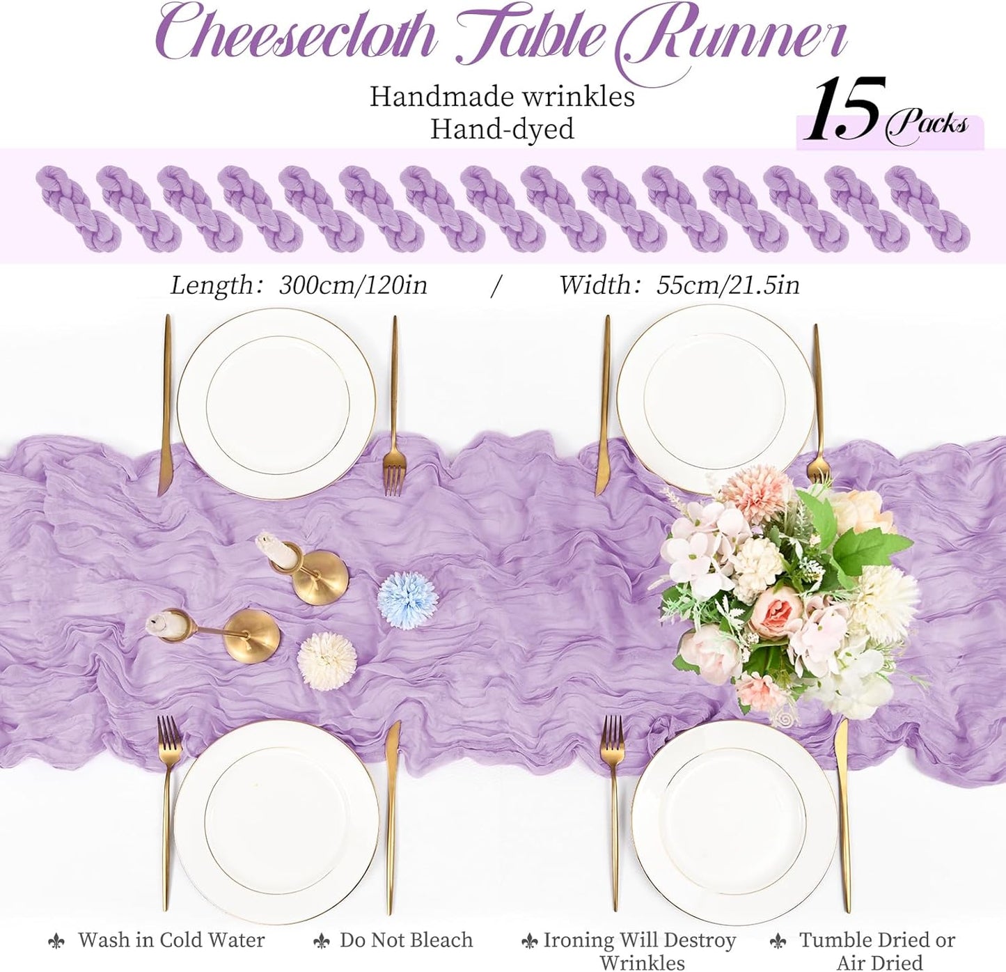 15 Packs Cheesecloth Table Runner Lilac,10 Ft Rustic Gauze Boho Wedding Table Runner Decoration, Wedding Table Decor Table Cloth for Wedding Party Bridal Shower Table,21.5x120in