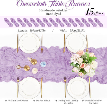 15 Packs Cheesecloth Table Runner Lilac,10 Ft Rustic Gauze Boho Wedding Table Runner Decoration, Wedding Table Decor Table Cloth for Wedding Party Bridal Shower Table,21.5x120in