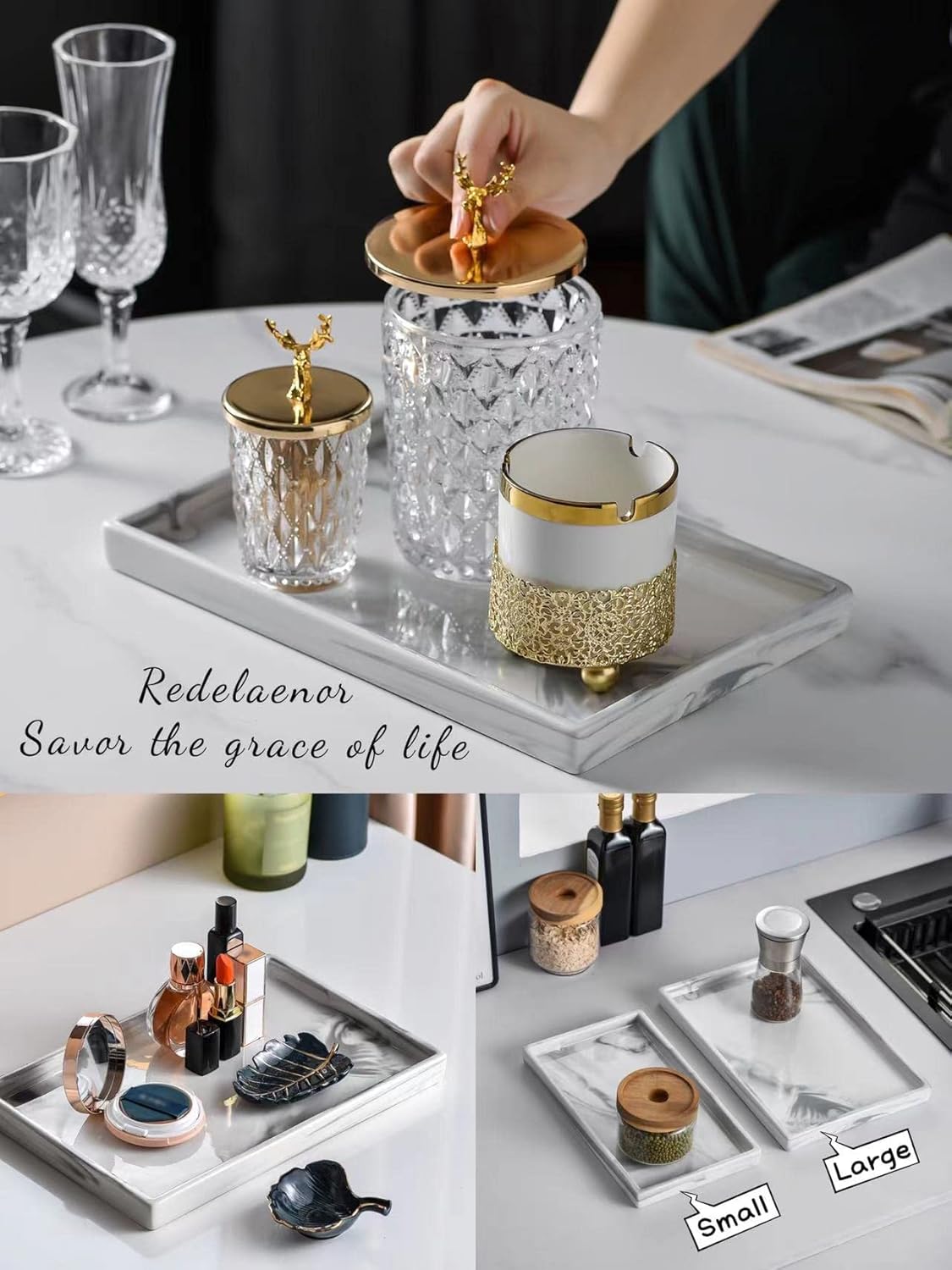 Vanity Bathroom Tray,Perfume Organizer Jewelry Plate Holder White Marble Tray Decorative Ceramic Rectangle Small Tray Serving Tray