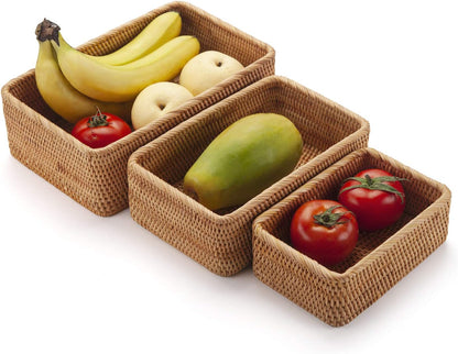 Natural Rattan Fruit Storage Baskets Rectangular Woven Wicker Box for Key Holder Remote Stackable Natural Set of 3