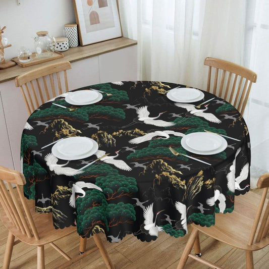 Japanese Tablecloth, Traditional Oriental Crane Vintage Chinese Landscape Luxury Farmhouse Water Resisitant Table Cover for Dining Kitchen Living Room Home Party Holiday Decor 70 inch Round