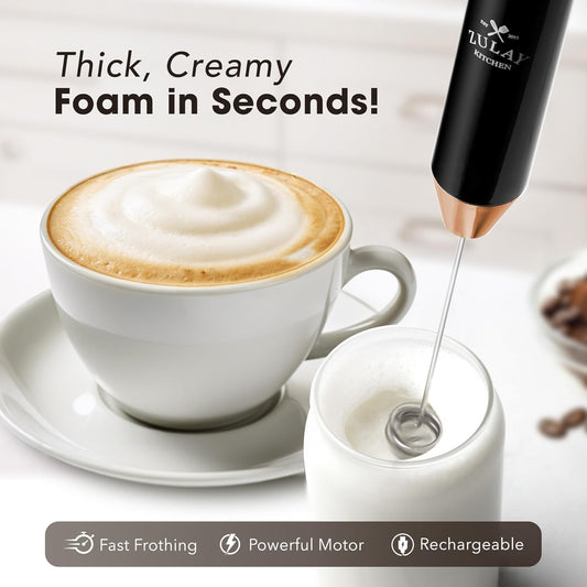 Zulay Kitchen Lux Rechargeable Milk Frother Handheld, 4 Included Whisks - Powerful 2-Speed Motor, Fully Waterproof, 2000mAh Battery - Drink Mixer For Latte, Cappuccino, Matcha, Protein Powder