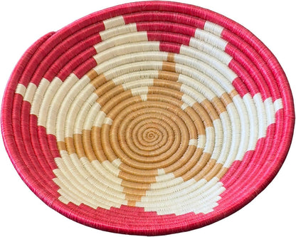 Handwoven African Basket Handmade sisal Fruit Bowl Wall Hanging decorative Baskets for Home Living Room Kitchen Centerpiece Zen Designs Arts and Crafts (Red White Tan, 12in diameter)