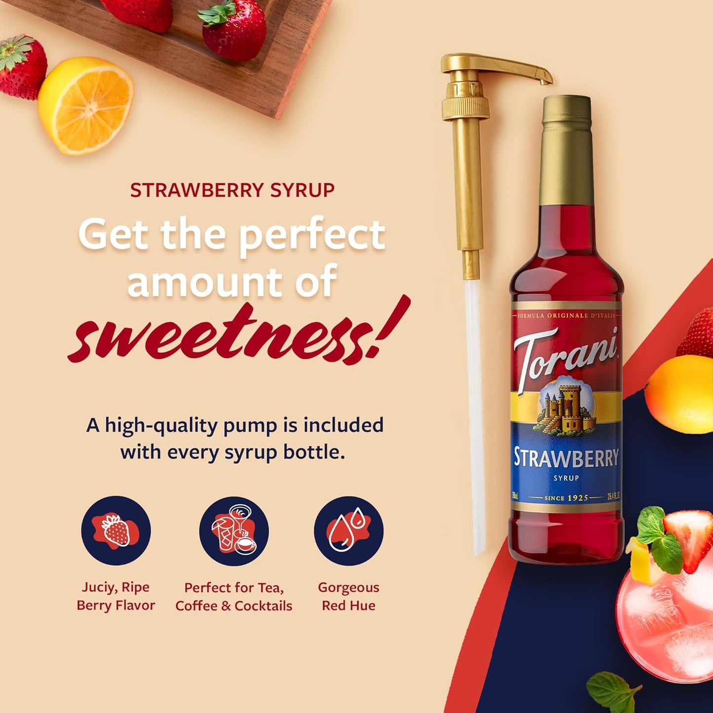 Torani Strawberry Syrup for Drinks, Flavoring for Iced Tea, Lemonade, and Sodas, Pump Included, 25.4 Oz