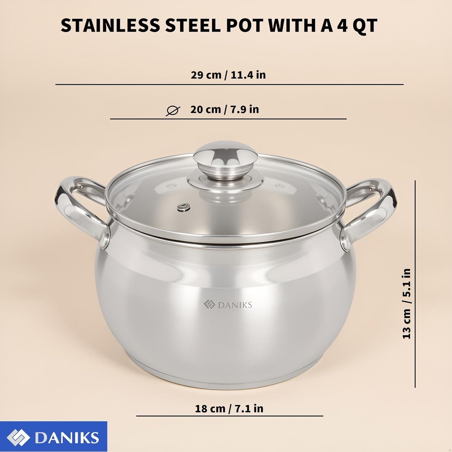 Daniks Classic 4 Quart Stainless Steel Stock Pot with Glass Lid, Tri-Ply Bottom for Even Heating, Induction Compatible, Dishwasher Safe