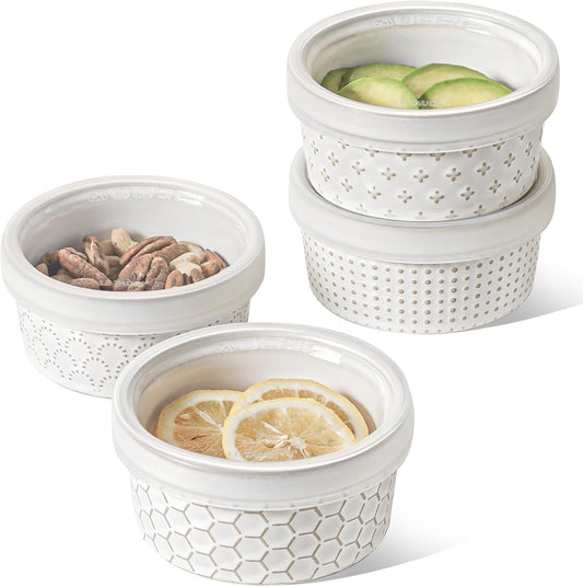 LE TAUCI Ramekins Oven Safe with Lids, 8 oz Ramikin Set for Creme brulee, Souffle, Dipping Sauces, Ceramic Food Storage Containers, Baking Dishes - 4.4 inch, Set of 4, Arctic White