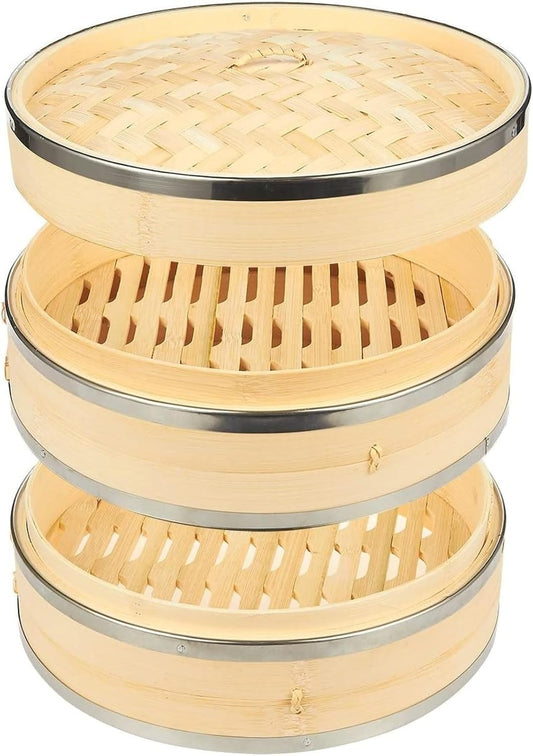 Juvale 2-Tier Steamer Pot Insert with Steel Rings - 10" x 6.5", Beige - Bamboo & Steel Stackable Basket for Rice & Dumpling Steamer for Vegetables