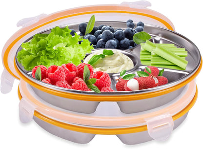 Divided Serving Tray with Lid 6 Compartments, 10.4 Inch Round Vegetable Veggie Tray, Reusable Snack Box Container Fruit Platter Tray for Parties Fridge Food Storage Picnic (2 pcs)