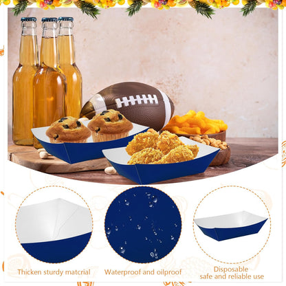 100 Pcs Blue Paper Food Tray Sturdy Disposable Food Boats Nacho Plates Disposable Serving Snack Trays for Catering, Party Birthday Supplies, and Food Service (Blue)