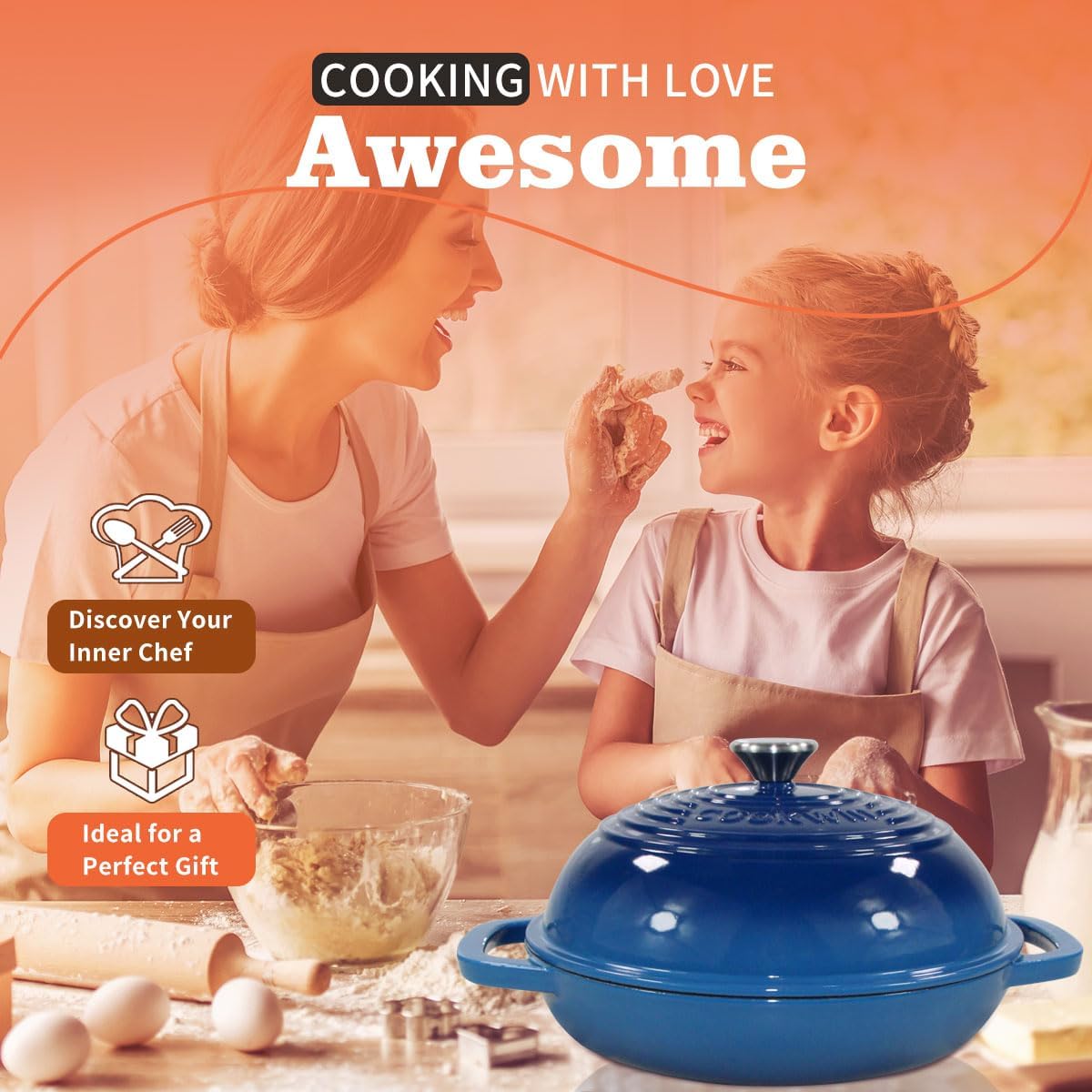 Enameled Cast Iron Dutch Oven with Lid, 11" Dutch Oven Bread Baking Kit, 6 Quart Blue Thick Enamel Bread Pan, Silicone Baking Mat - Family Gifts