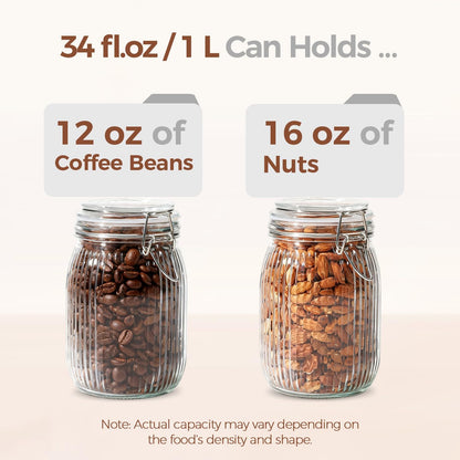 ComSaf Airtight Glass jar with lid 34oz Set of 3, Glass Storage Containers with Lids, Glass Canisters, Striped Clip Fastening Jar for Kitchen Canning, Tea, Pasta, Sugar, Beans, Cookie, Jam, Oat