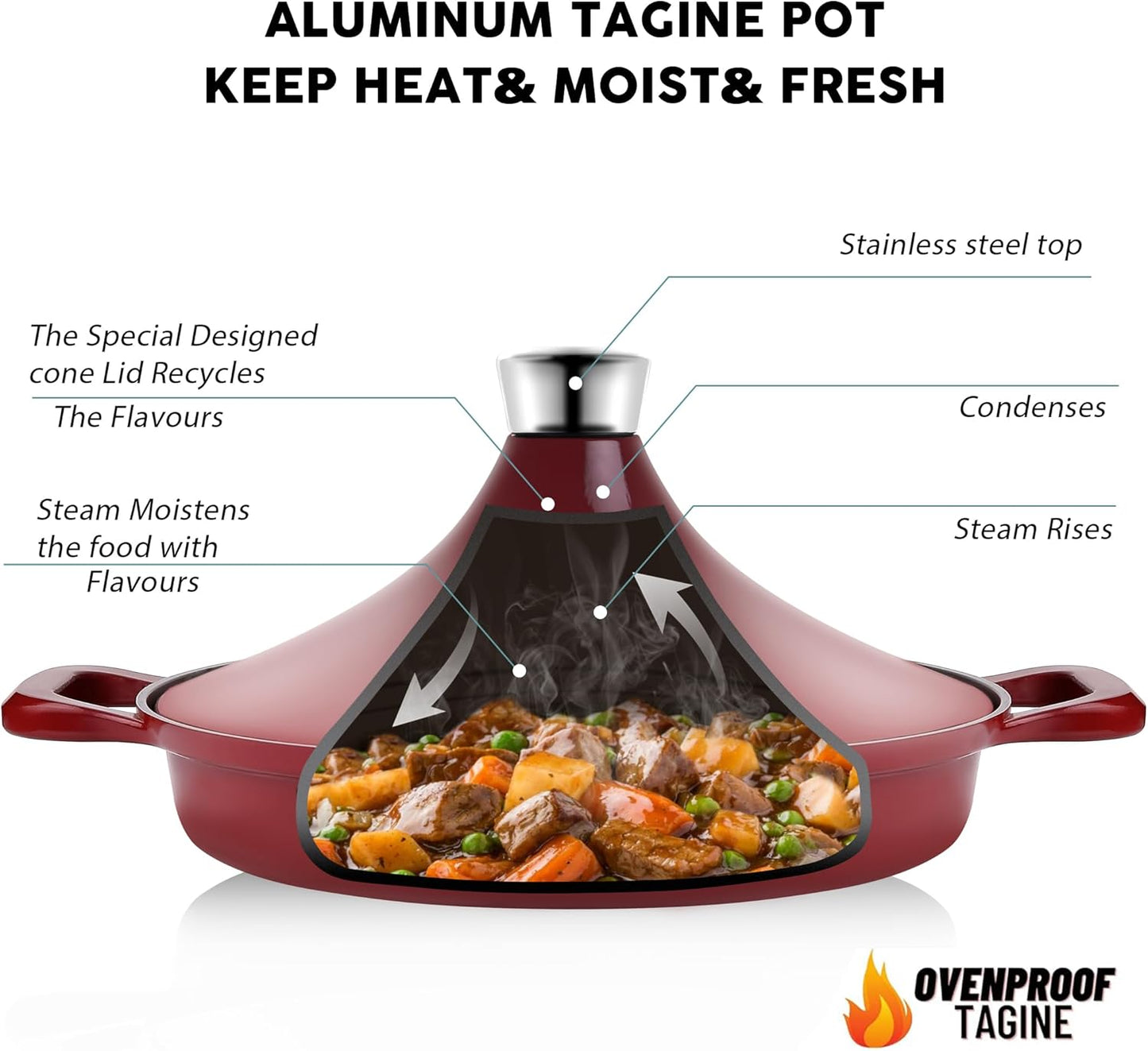 Non-Stick Frying Pan/Skillet 11", 3QT Tagine Pan,Cast Aluminum Pans with Lid, Stove/Oven-to-Table Cookware, Dishwasher Safe& Compatible with All Stovetops（Red）