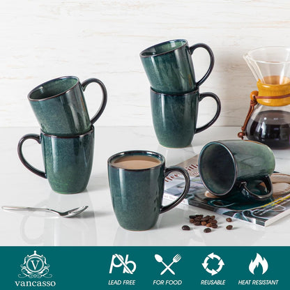 vancasso STARRY Ceramic Coffee Mug Set of 6, 12 Oz Tea Cups with Handle for Latte, Tea, Cappuccino, Milk, Cocoa, Microwave&Dishwasher Safe, Green